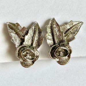 Vintage Sarah Coventry Rose Bud Flower Clip On Earrings Climber Silver Tone 70's